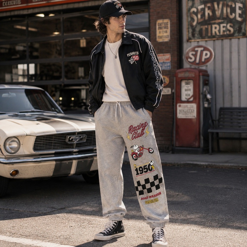 Peanuts Snoopy Racing Club Road Warrior Gray Jogger Sweatpants XL LJ12402LP